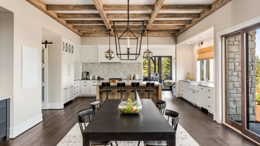 dining room and kitchen in new luxury home