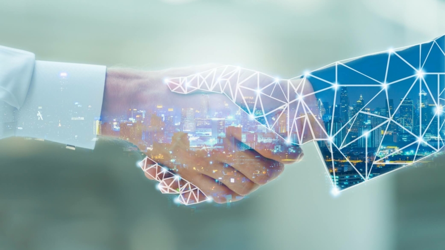 Professional teamwork and network connection technology concept, Double exposure of arab Business man handshake to his business partner with digital graphic against city night background in meeting