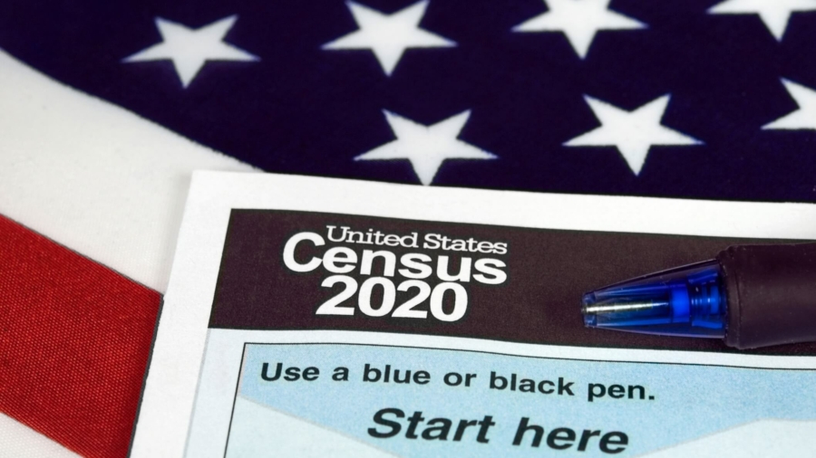 census document form and ball point ink pen on American flag for 2020